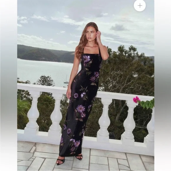 elliatt clio black purple 3d sequin flower embroidered velvet maxi gown dress XL - Picture 1 of 15